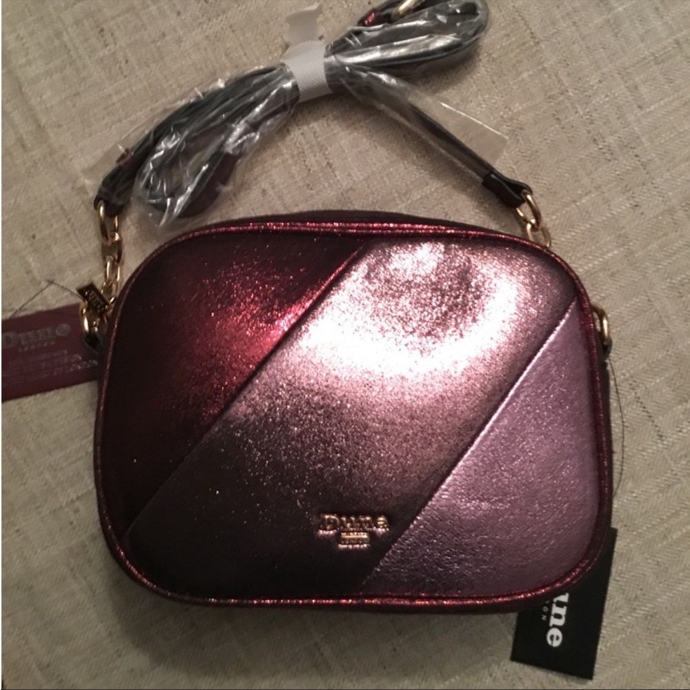 Dune London crossbody purse mulberry shimmer tri-tone with chain accent on strap